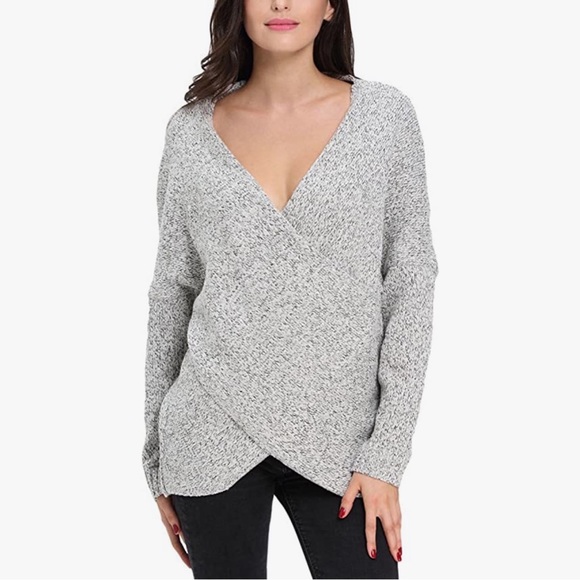 Chunky knit wrap front sweater marled grey v neck cross cross ballet cor… - Picture 15 of 15